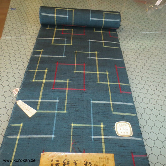 Kimono Stoffrolle Tanmono Wolle Kasuri überlappende Rechtecke auf petrol