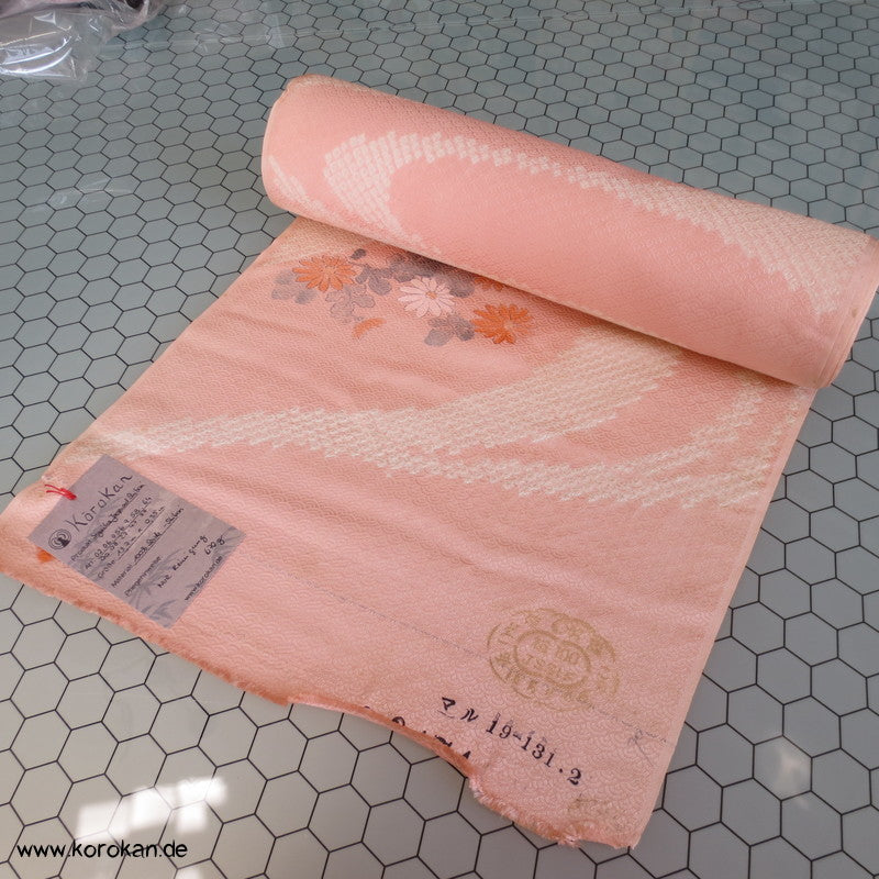 Shibori Flußlauf und Blüten Segaiha Damast japanische Kimono Seiden Stoffrolle