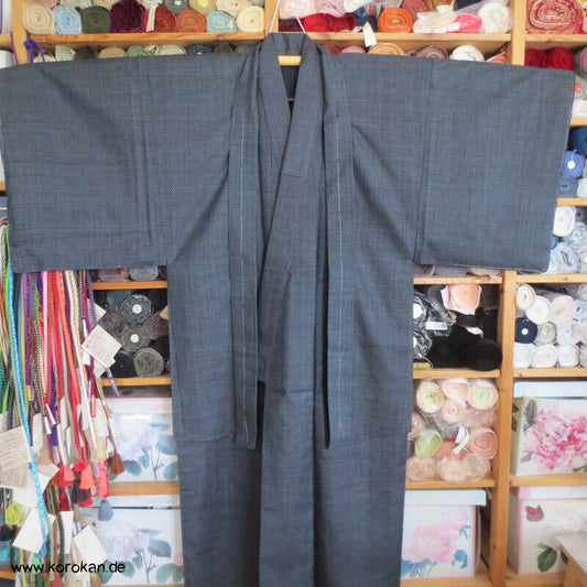 blauer Kasuri Seiden Tsumugi Ensemble, Kimono + Haori