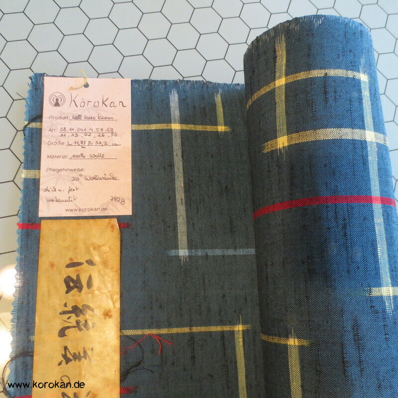 Kimono Stoffrolle Tanmono Wolle Kasuri überlappende Rechtecke auf petrol