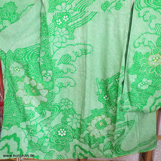 Kimono Full Shibori Päonien und Wellen Furisode, mit Goldstickerei