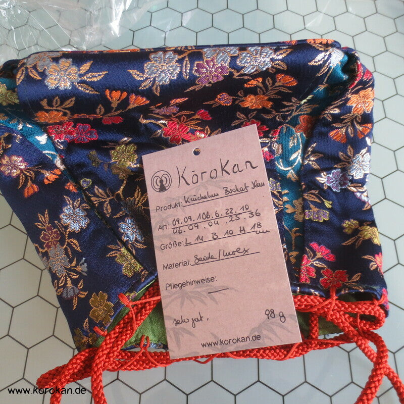 Kinchaku Zugbeutel - Tasche dunkelblauer Blumen Brokat