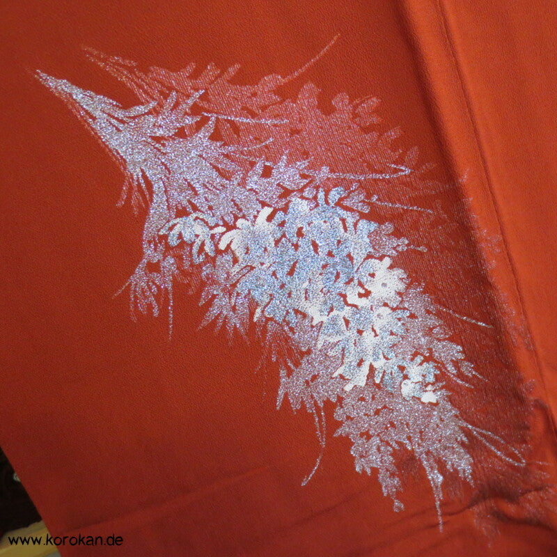rostrot mit glänzenden Zweigen Seiden - Lurex Jacquard Komon Kimono