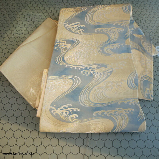 Wellen, spritzende Gischt Seidenbrokat Fukuro Obi Kimonogürtel