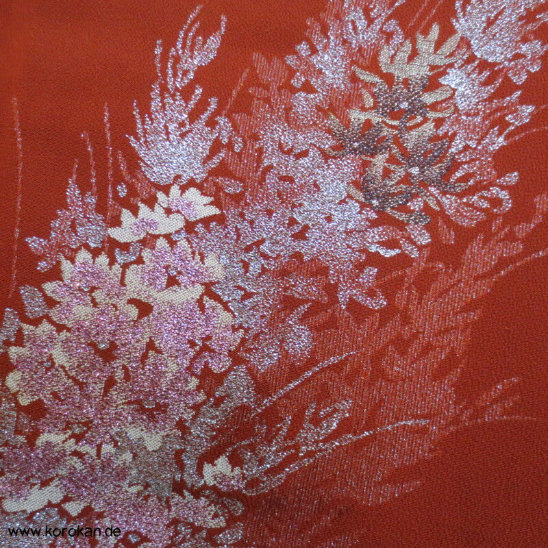 rostrot mit glänzenden Zweigen Seiden - Lurex Jacquard Komon Kimono