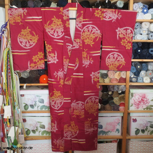 japanischer Genji Guruma mit Ballonblumen Meisen Seiden Kimono