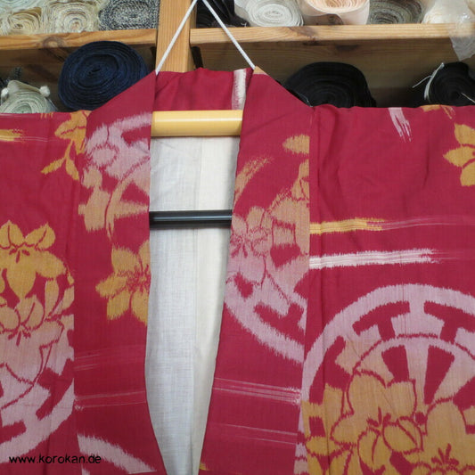 japanischer Genji Guruma mit Ballonblumen Meisen Seiden Kimono