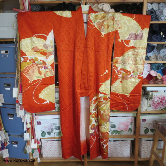 Furisode Kimono japanischer Fächer Golddruck - und stickerei Seidendamast