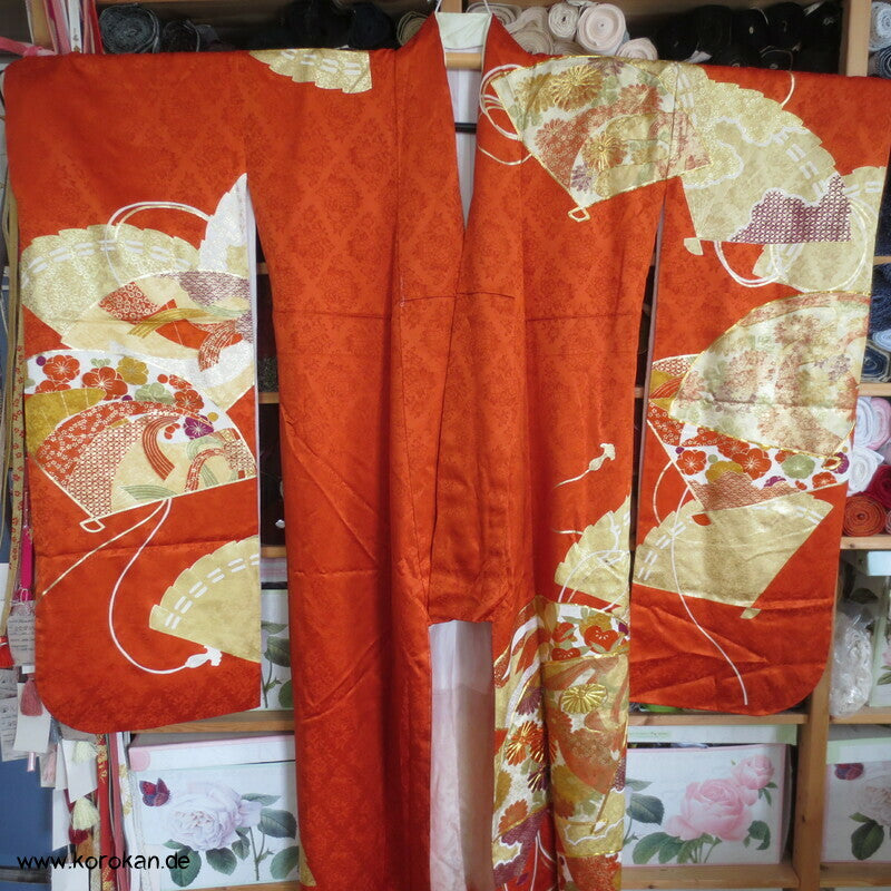 japanischer Fächer Golddruck - und stickerei Seidendamast Furisode Kimono