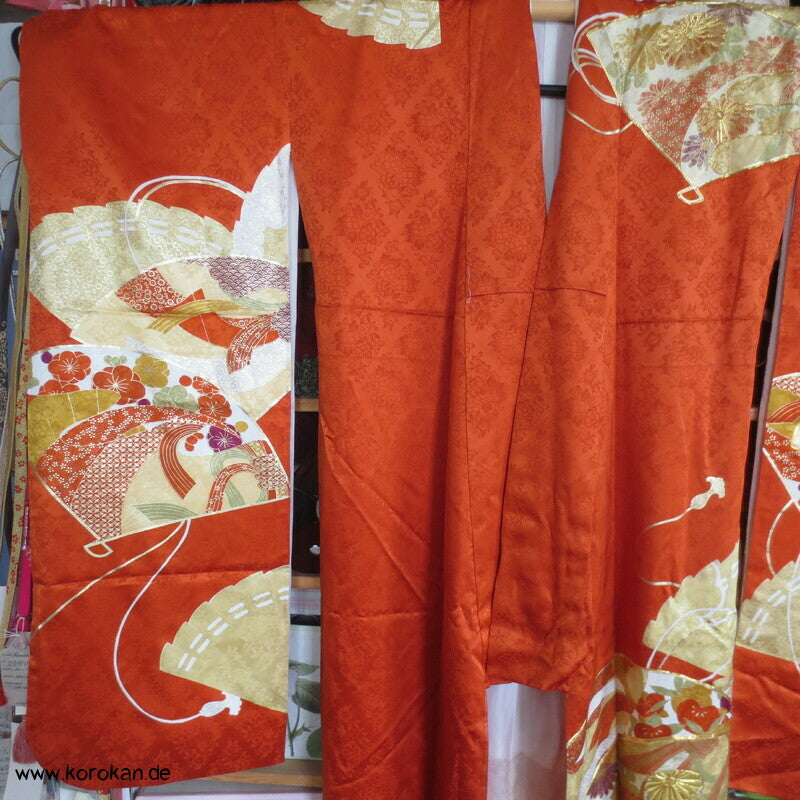 japanischer Fächer Golddruck - und stickerei Seidendamast Furisode Kimono