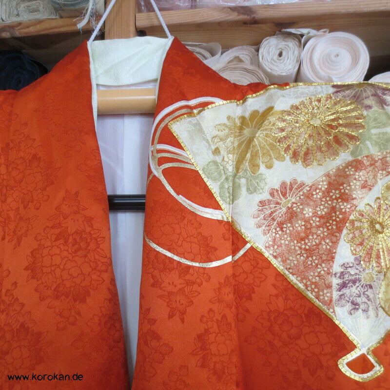 japanischer Fächer Golddruck - und stickerei Seidendamast Furisode Kimono
