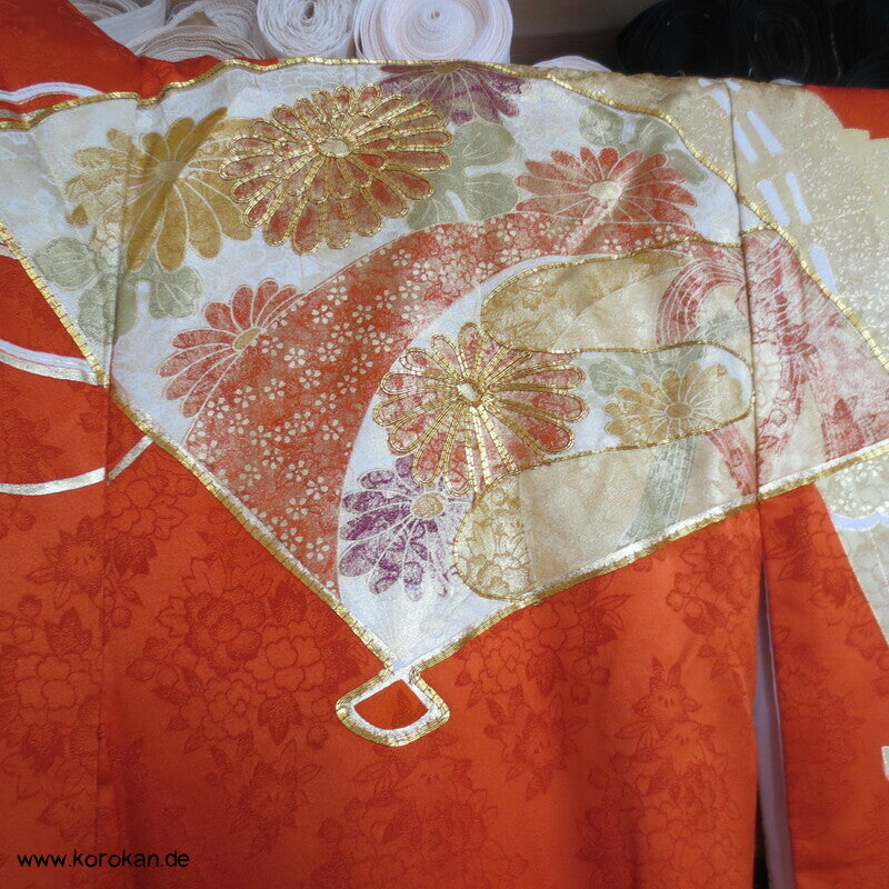 japanischer Fächer Golddruck - und stickerei Seidendamast Furisode Kimono