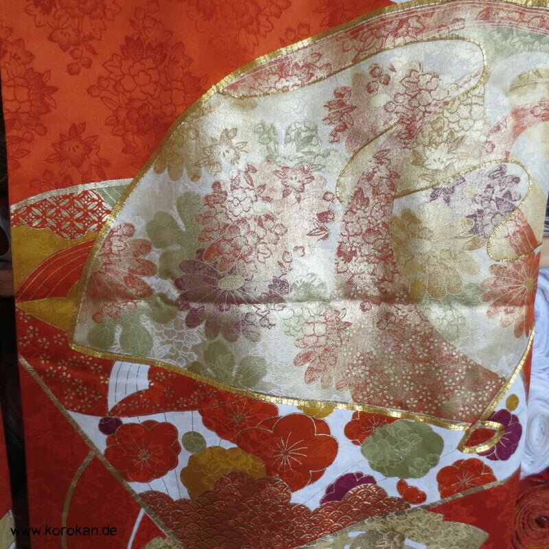 japanischer Fächer Golddruck - und stickerei Seidendamast Furisode Kimono