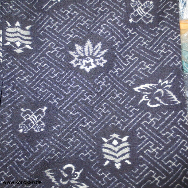 Sayagata, Spindeln, Kranich Kasuri Druckmuster Hitoe Komon Kimono aus Wolle