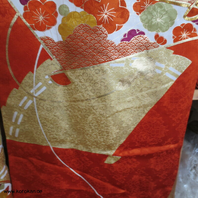 japanischer Fächer Golddruck - und stickerei Seidendamast Furisode Kimono
