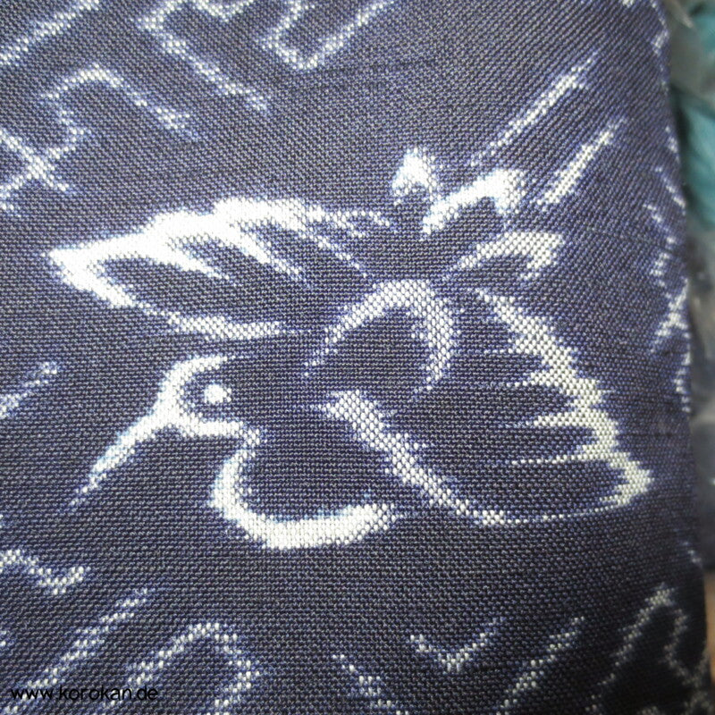 Sayagata, Spindeln, Kranich Kasuri Druckmuster Hitoe Komon Kimono aus Wolle