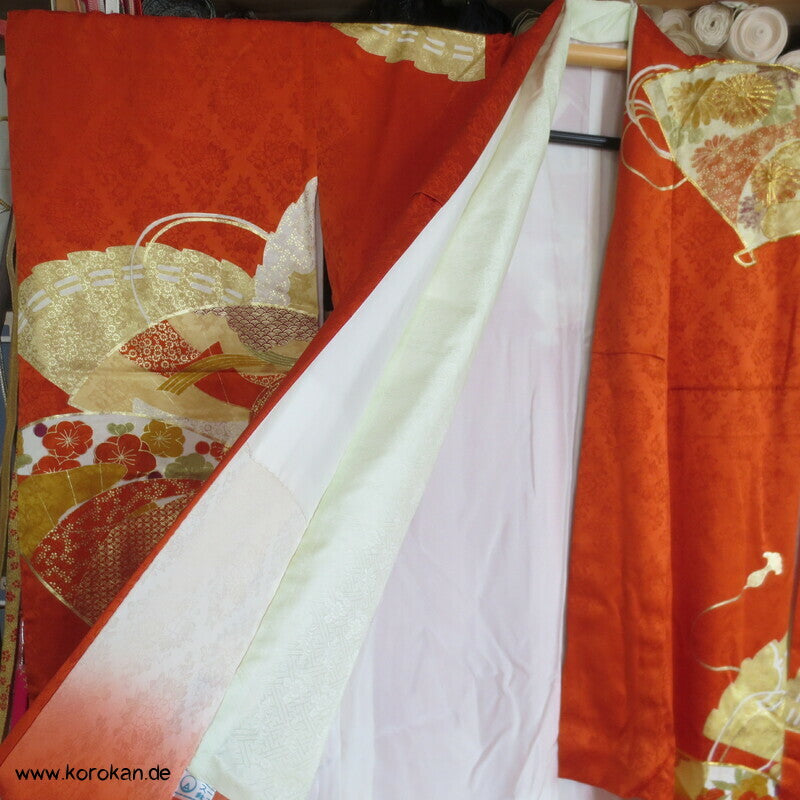 japanischer Fächer Golddruck - und stickerei Seidendamast Furisode Kimono