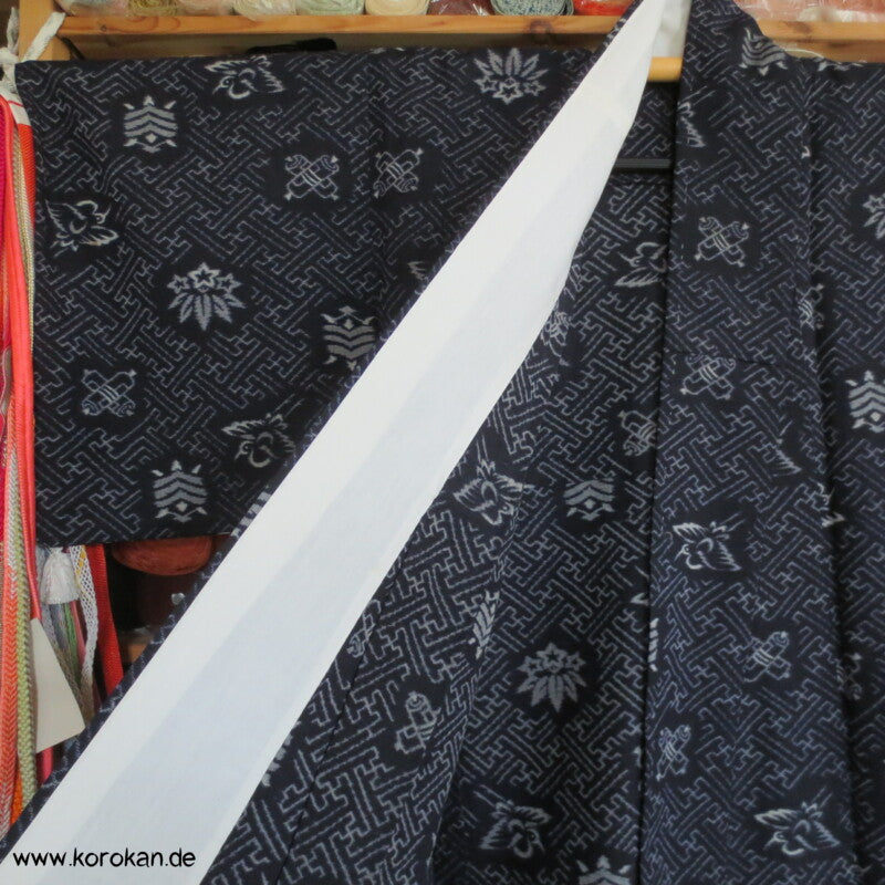 Sayagata, Spindeln, Kranich Kasuri Druckmuster Hitoe Komon Kimono aus Wolle