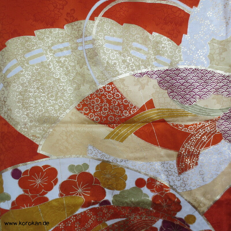 japanischer Fächer Golddruck - und stickerei Seidendamast Furisode Kimono