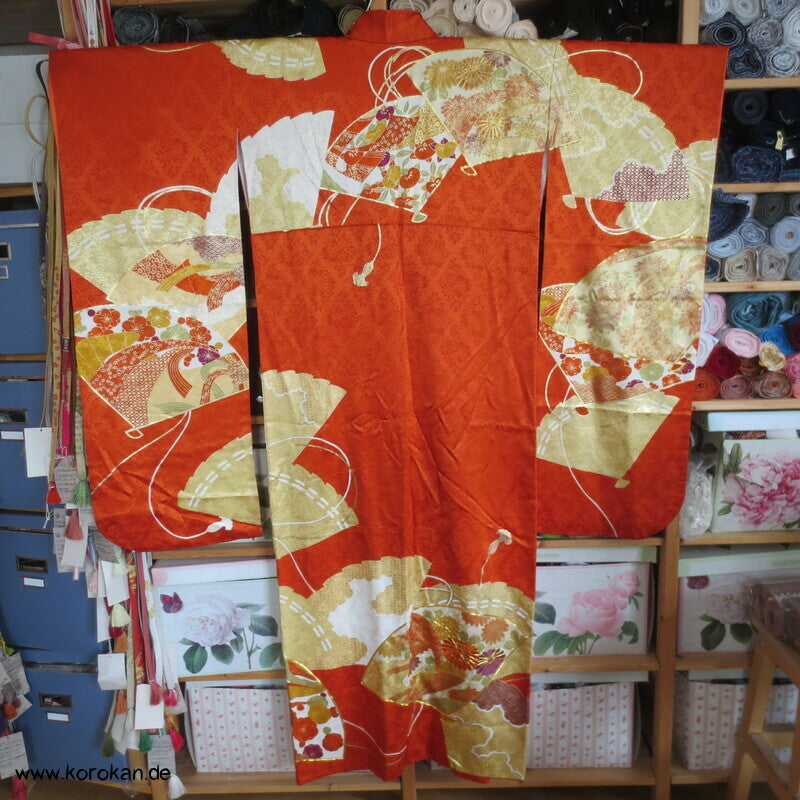 japanischer Fächer Golddruck - und stickerei Seidendamast Furisode Kimono