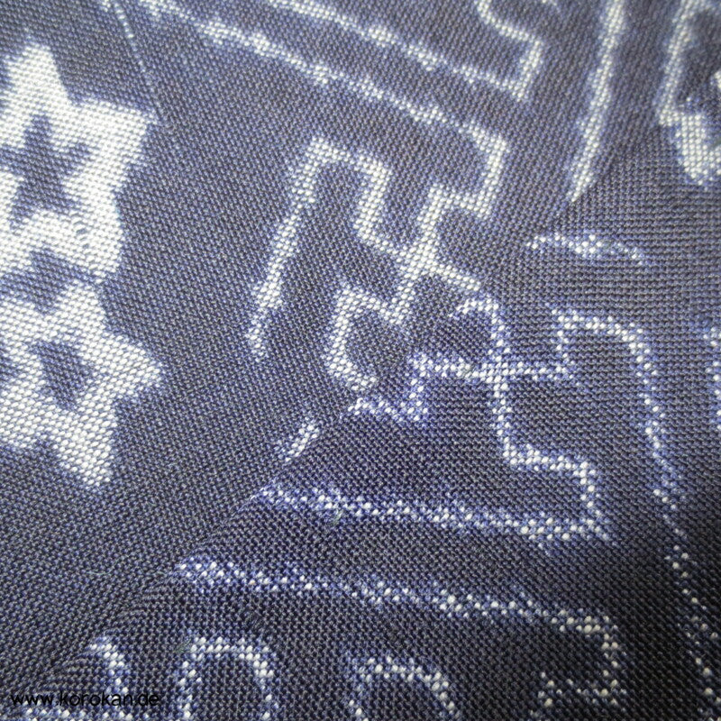 Sayagata, Spindeln, Kranich Kasuri Druckmuster Hitoe Komon Kimono aus Wolle