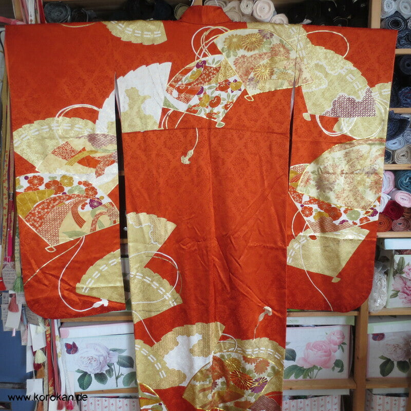 japanischer Fächer Golddruck - und stickerei Seidendamast Furisode Kimono