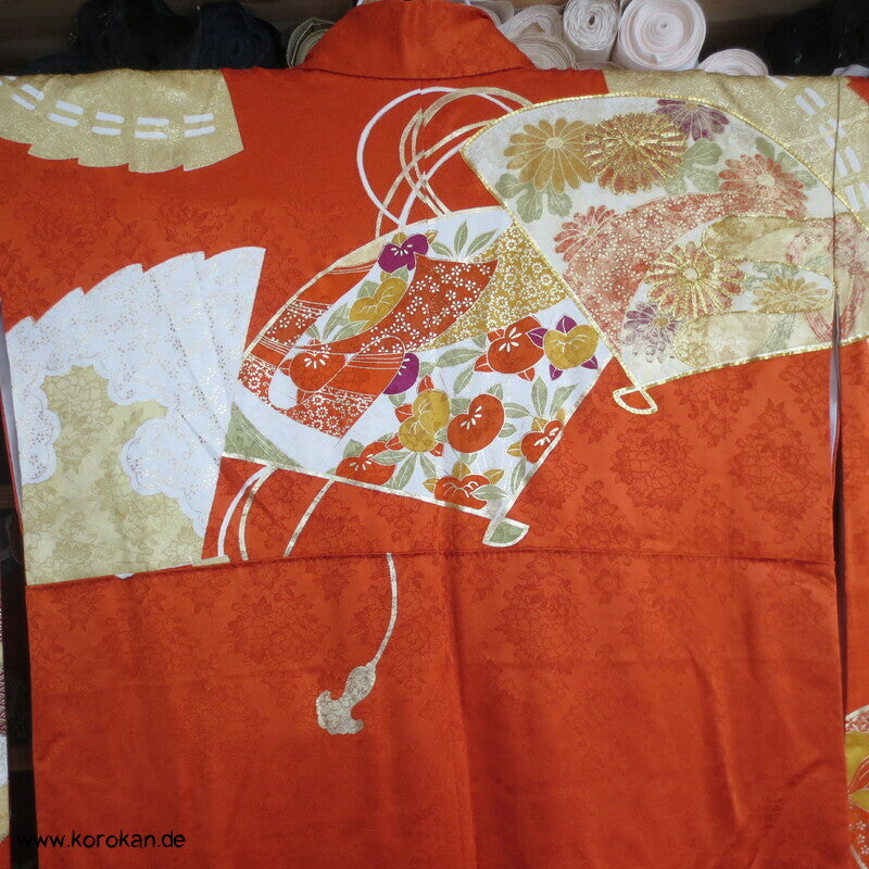 japanischer Fächer Golddruck - und stickerei Seidendamast Furisode Kimono