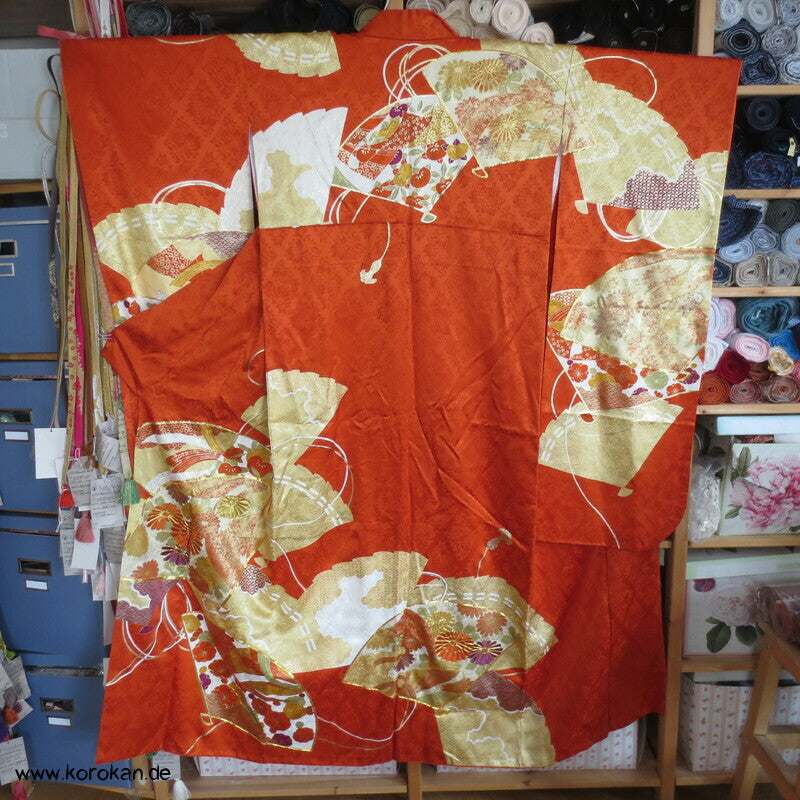 japanischer Fächer Golddruck - und stickerei Seidendamast Furisode Kimono