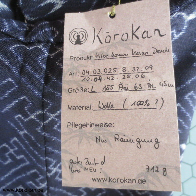 Sayagata, Spindeln, Kranich Kasuri Druckmuster Hitoe Komon Kimono aus Wolle