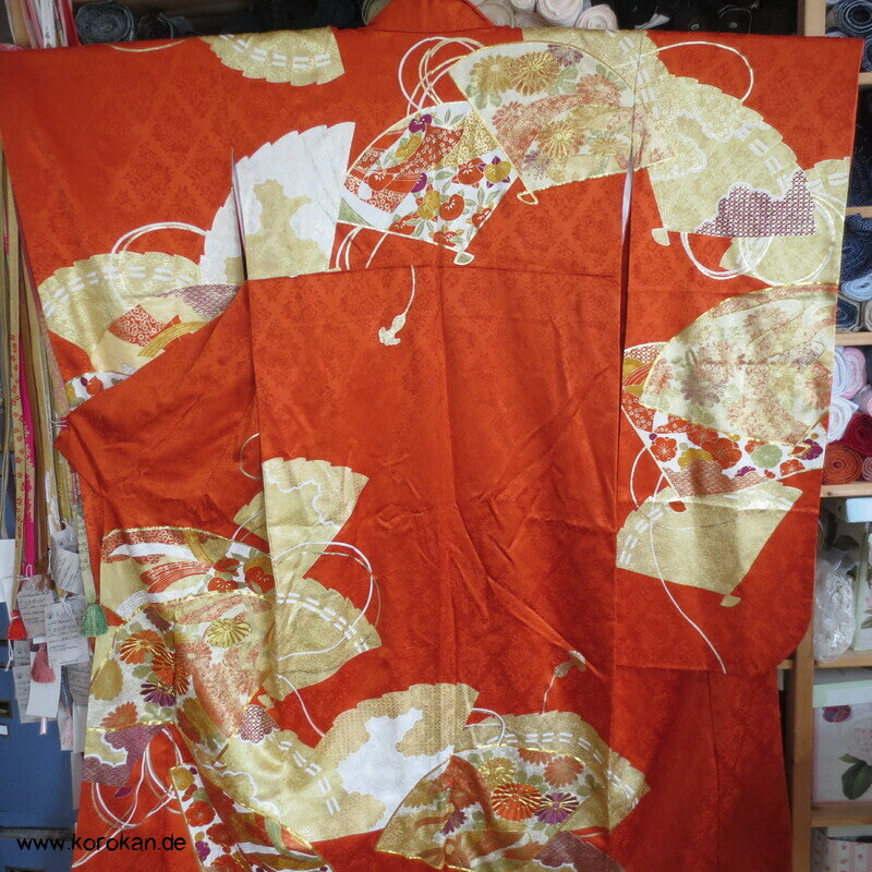 japanischer Fächer Golddruck - und stickerei Seidendamast Furisode Kimono