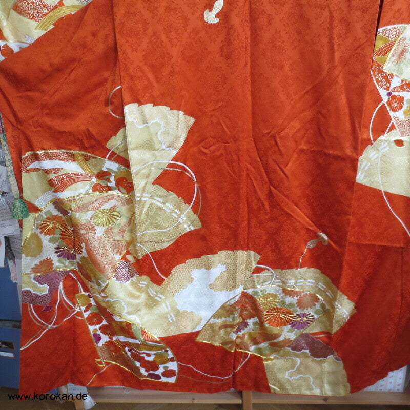 japanischer Fächer Golddruck - und stickerei Seidendamast Furisode Kimono