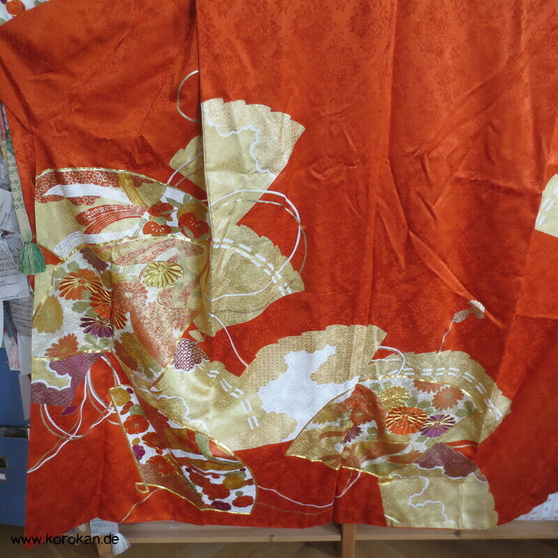 japanischer Fächer Golddruck - und stickerei Seidendamast Furisode Kimono