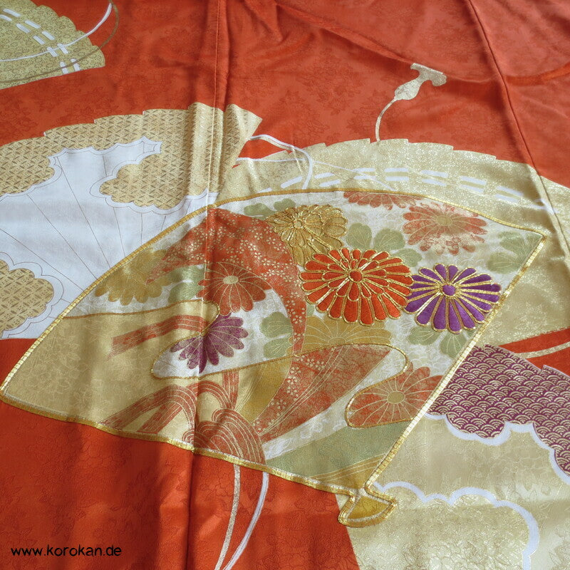 japanischer Fächer Golddruck - und stickerei Seidendamast Furisode Kimono
