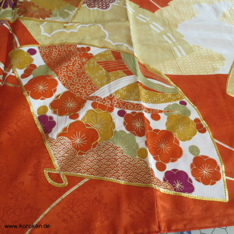 japanischer Fächer Golddruck - und stickerei Seidendamast Furisode Kimono