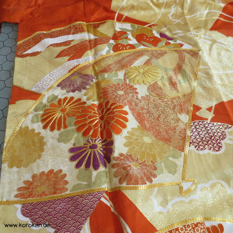 japanischer Fächer Golddruck - und stickerei Seidendamast Furisode Kimono