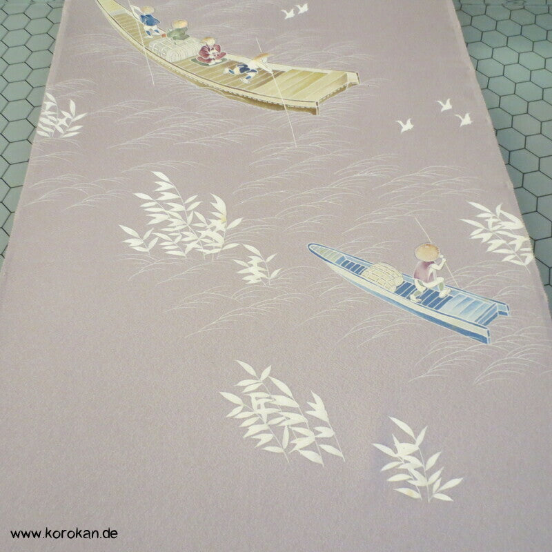 Stoffballen japanische Crepe Seide, Boote im Fluss, für Homongi Kimono