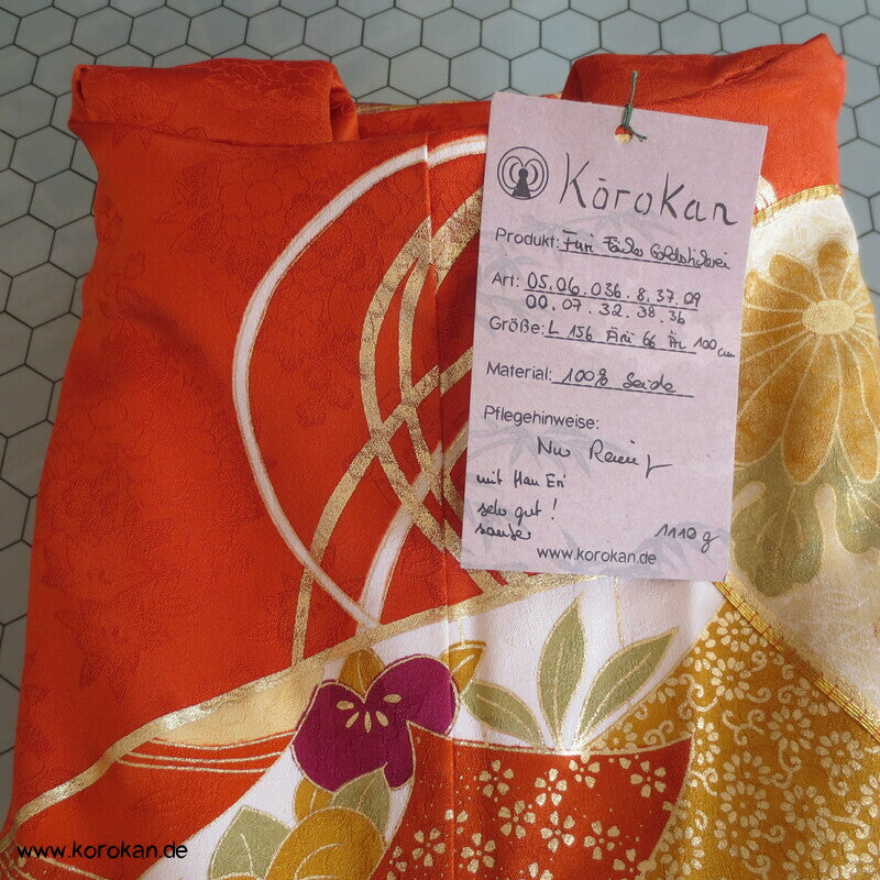 Furisode Kimono japanischer Fächer Golddruck - und stickerei Seidendamast