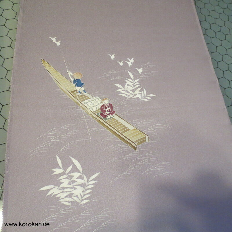 Stoffballen japanische Crepe Seide, Boote im Fluss, für Homongi Kimono