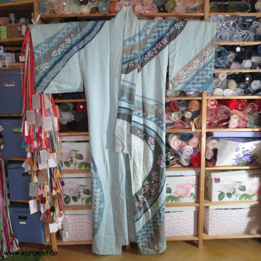 Shibori Bögen blaugrau blau gold Homongi Seiden Araihari Kimono