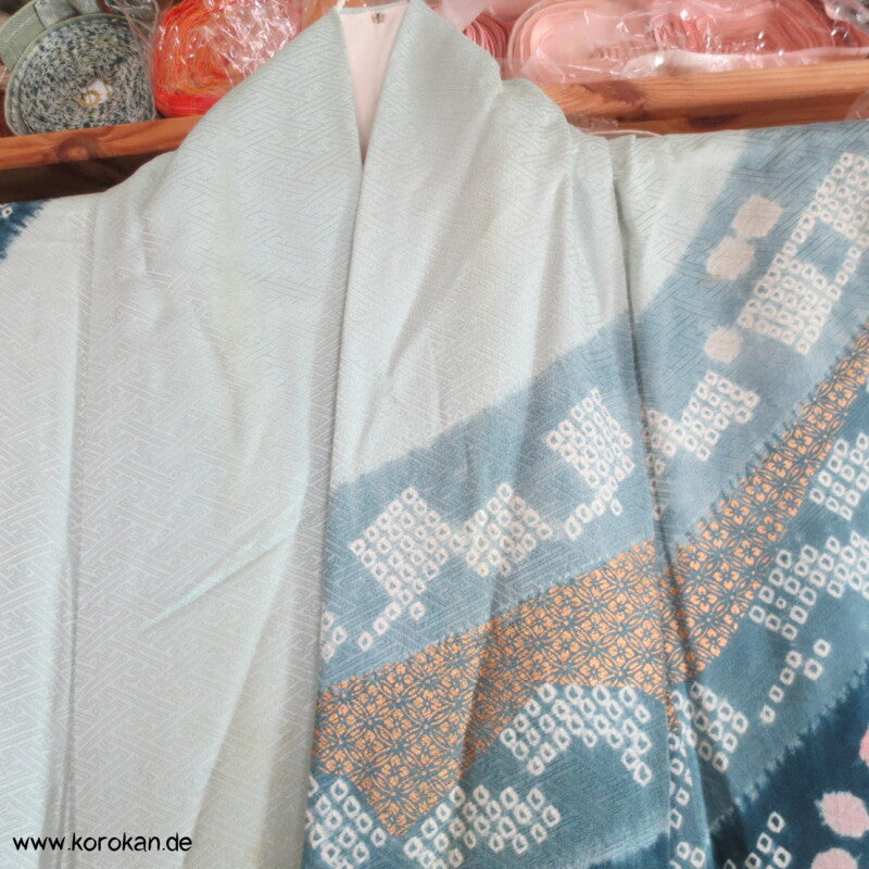 Shibori Bögen blaugrau blau gold Homongi Seiden Araihari Kimono