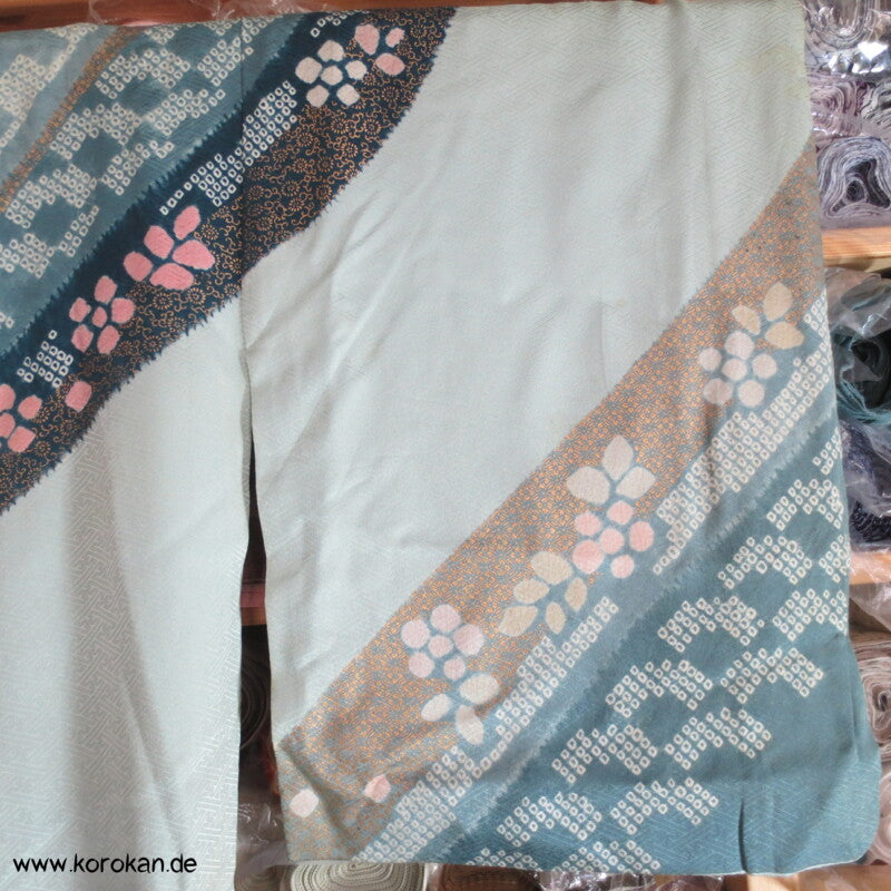 Shibori Bögen blaugrau blau gold Homongi Seiden Araihari Kimono