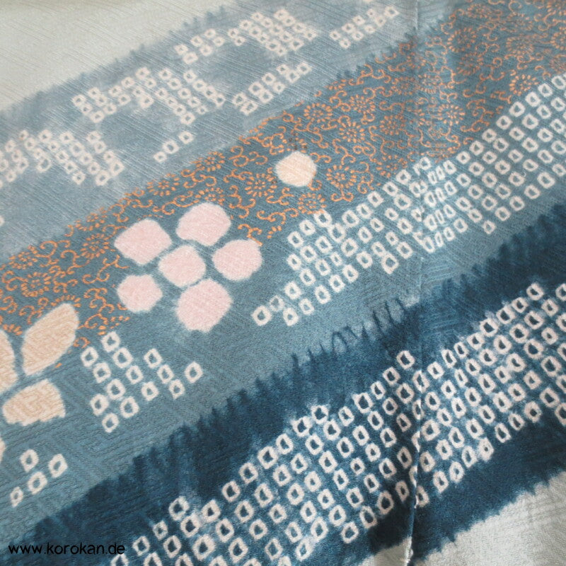 Shibori Bögen blaugrau blau gold Homongi Seiden Araihari Kimono