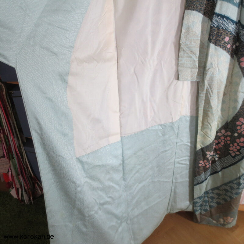 Shibori Bögen blaugrau blau gold Homongi Seiden Araihari Kimono
