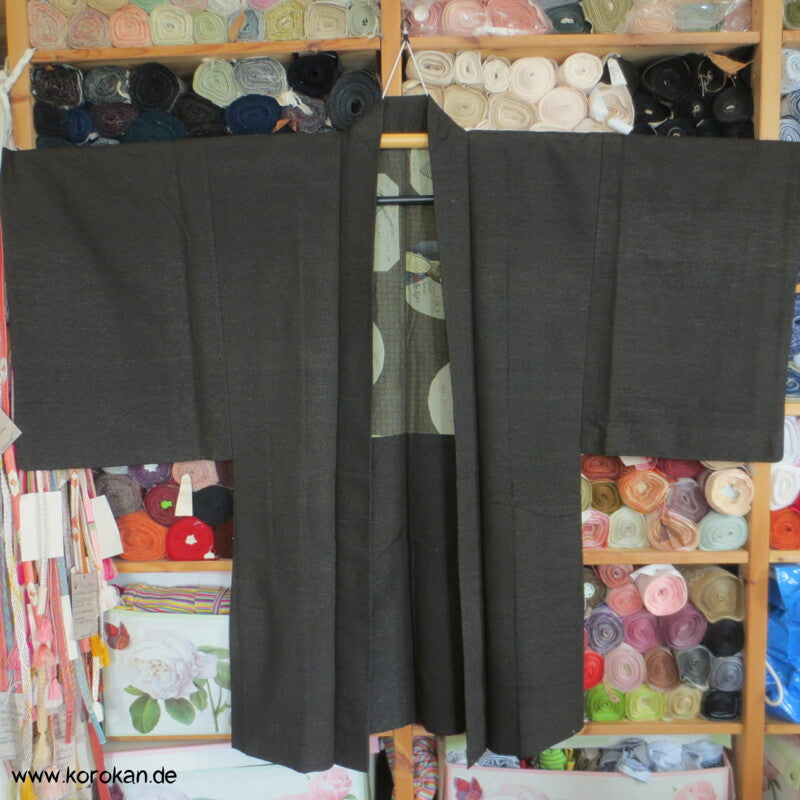 japanische dunkelmelierte Tsumugi Seiden Haori Männer Kimono Jacke, Bilder im Futter