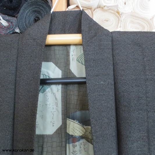 japanische dunkelmelierte Tsumugi Seiden Haori Männer Kimono Jacke, Bilder im Futter