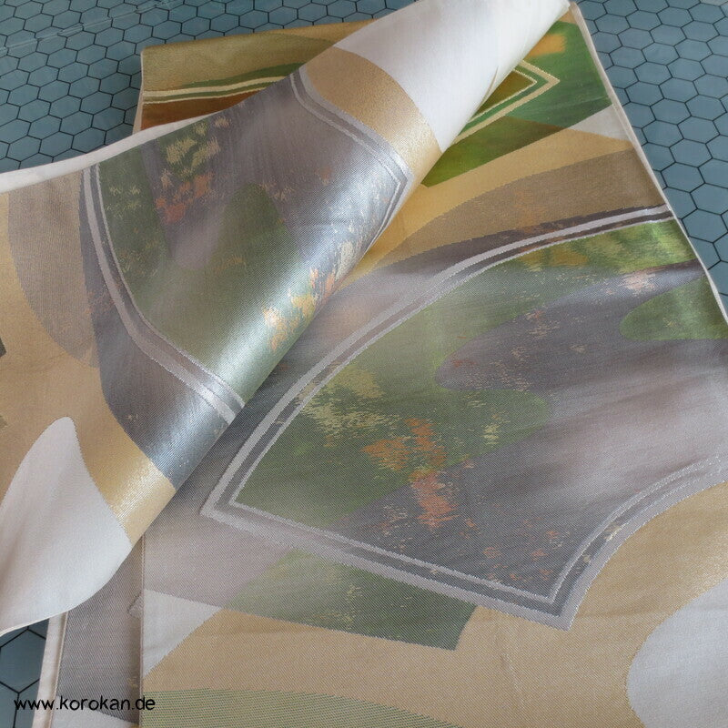 moderne Fächer grün silber gold Fukuro Obi