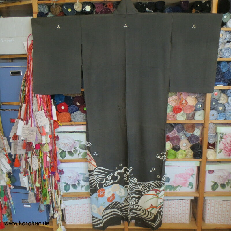 wilde Wellen antiker Hitoe Rho Seiden Tomesode Sommer Kimono