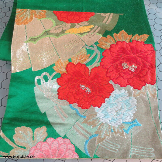 rote Päonien auf grün Vintage Fukuro Pracht Obi