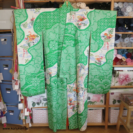 Mandarinenten in grünem Shibori Fluß Furisode Seidendamast Kimono