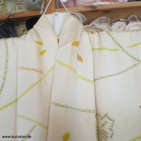 grün - gelb Shibori Blätter Seidendamast Komon Kimono